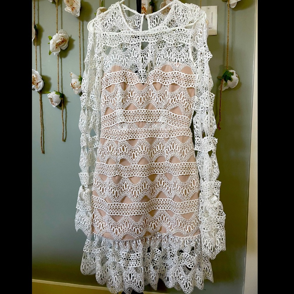 Boho Crochet White Lace long sleeve Dress